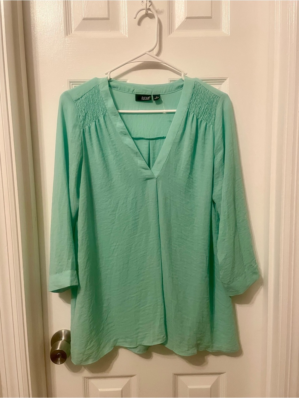 a.n.a Mint Green V-Neck Smocked Shoulder Tunic